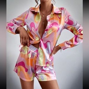 Color Block Satin Blouse & Shorts